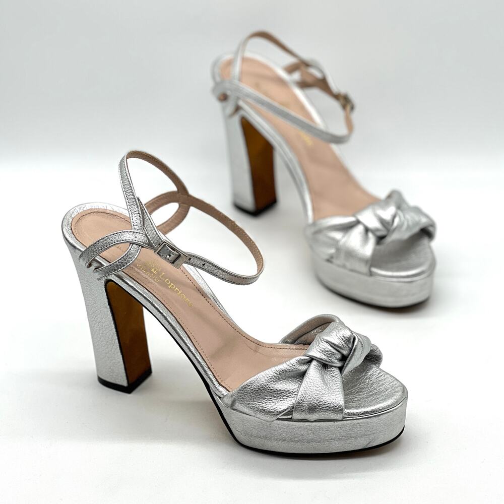 MICHELE LOPRIORE Platform Heeled Sandal Womens 9 Silver Leather Knot Detail